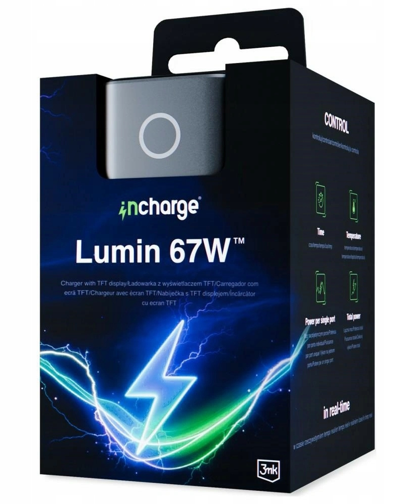 Síťová nabíječka 3MK InCharge Lumin Display, 67W, 5A, 1 x USB-A - 2 x USB-C, černá