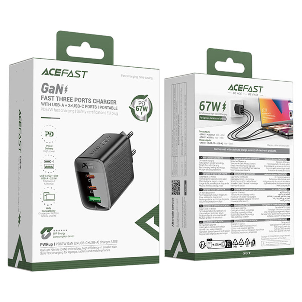 Acefast A108 Network Charger, 67W, 3A, 1 x USB-A - 2 x USB-C, Black