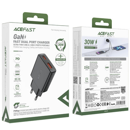 Acefast A69 Network Charger, 30W, 3A, 1 x USB-A - 1 x USB-C, Black