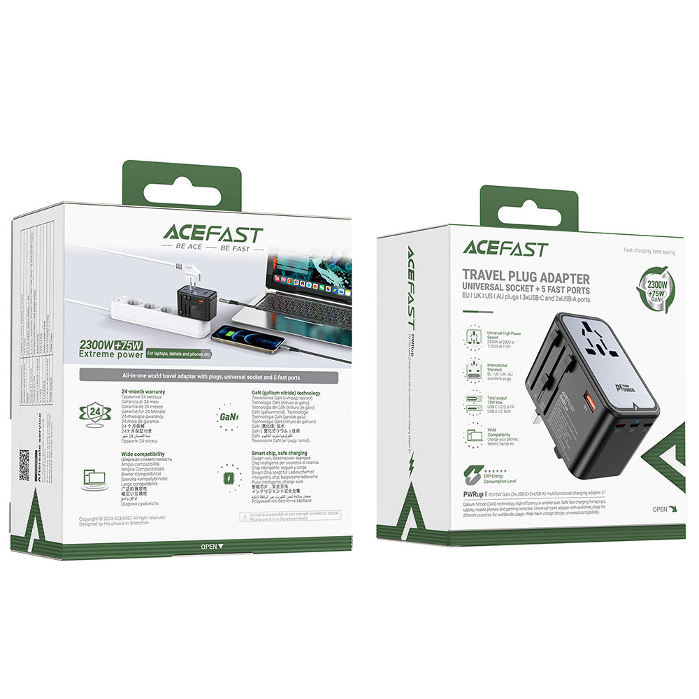 Síťová nabíječka Acefast Travel Z1, 75W, 3.35A, 2 x USB-A - 3 x USB-C, černá