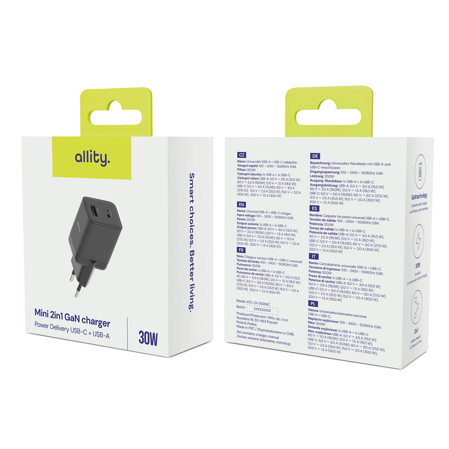 Síťová nabíječka Allity. ATC-01-30WAC Mini, 30W, 3A, 1 x USB-A - 1 x USB-C, Černá