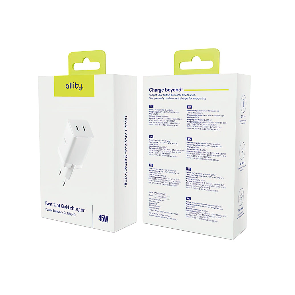 Síťová nabíječka Allity. ATC-01-45WCC Fast, 45W, 3A, 2 x USB-C, Bílá