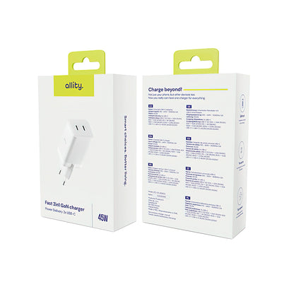 Síťová nabíječka Allity. ATC-01-45WCC Fast, 45W, 3A, 2 x USB-C, Bílá