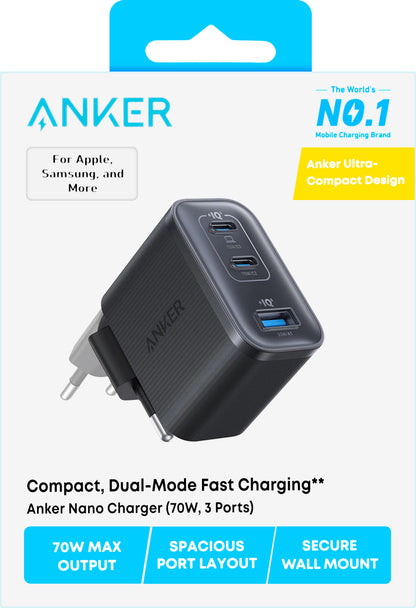 Síťová nabíječka Anker Nano, 70W, 3.5A, 1 x USB-A - 2 x USB-C, Černá A121AL11