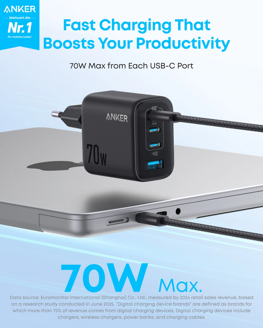 Síťová nabíječka Anker Zolo, 70W, 1 x USB-A - 3 x USB-C, černá A121CG11