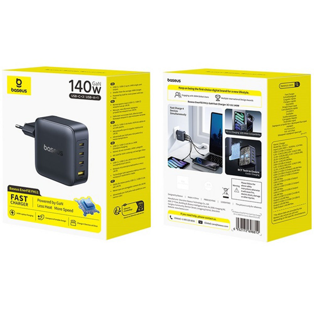 Síťová nabíječka Baseus EnerFill FH11, 140W, 5A, 1 x USB-A - 3 x USB-C, Černá E0121J00