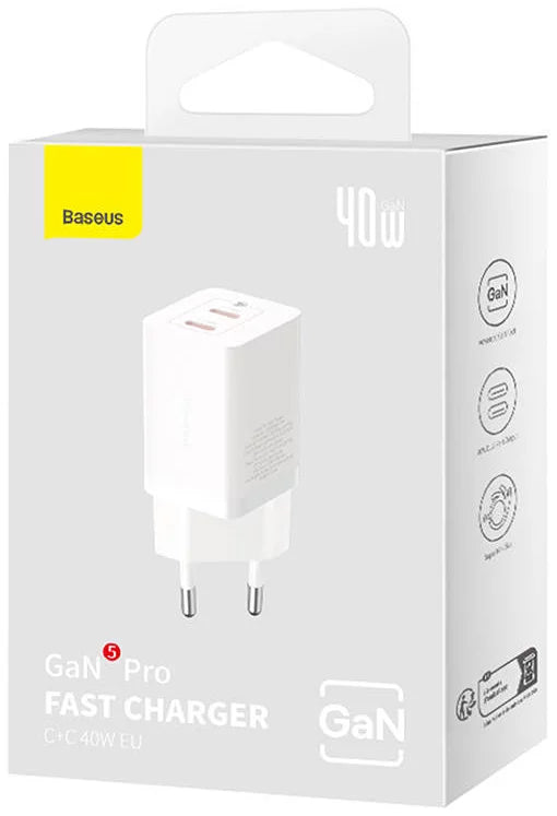 Nabíječka Baseus GaN5 Pro, 40W, 3A, 2 x USB-C, Bílá CCGP180102