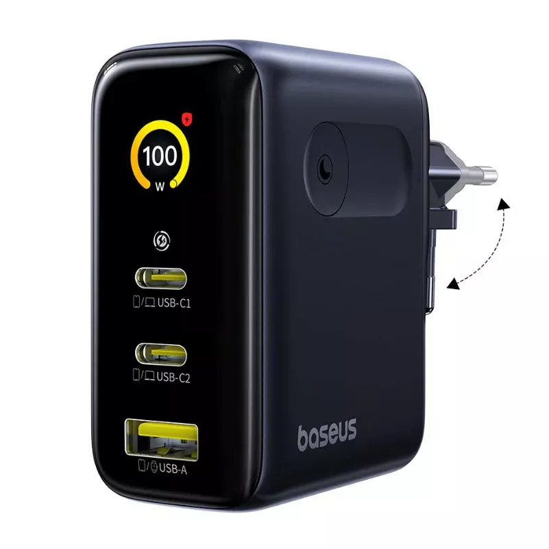 Síťová nabíječka Baseus PicoGo AE21 Display, 100W, 5A, 1 x USB-A - 2 x USB-C, Černá E0121B00