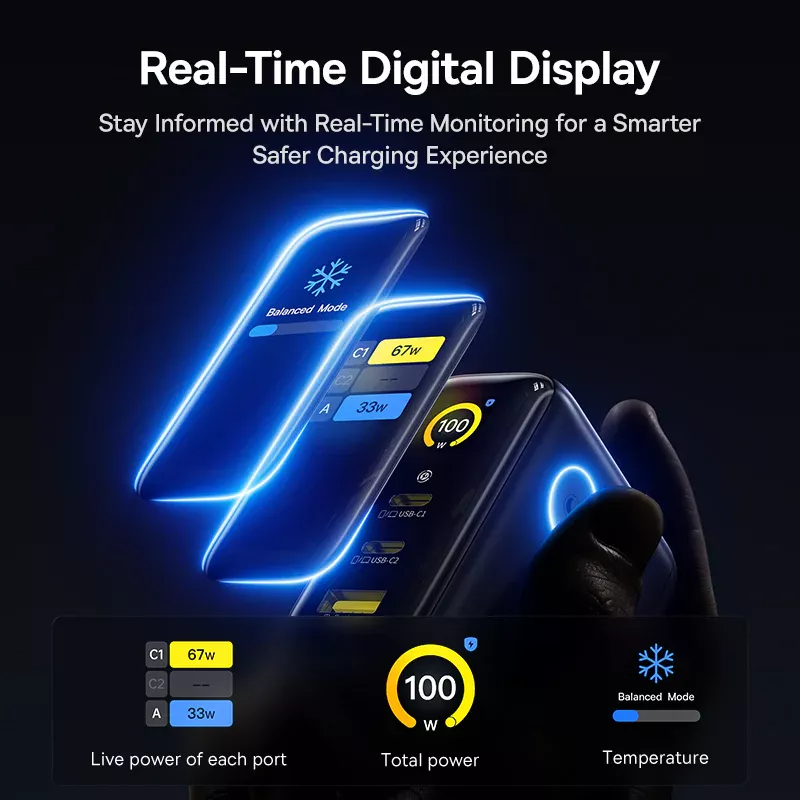 Síťová nabíječka Baseus PicoGo AE21 Display, 100W, 5A, 1 x USB-A - 2 x USB-C, Černá E0121B00