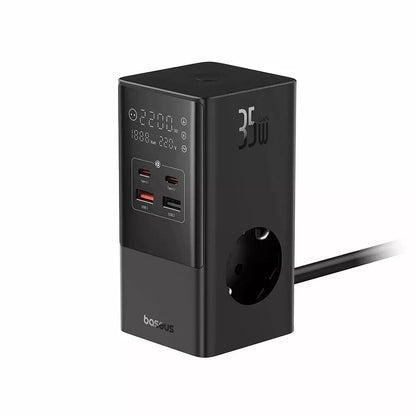 Síťová nabíječka Baseus PowerCombo, 35W, 5A, 2 x USB-A - 2 x USB-C - 3 x Schuko, Černá, Znovu zapečetěno E00023606113-00