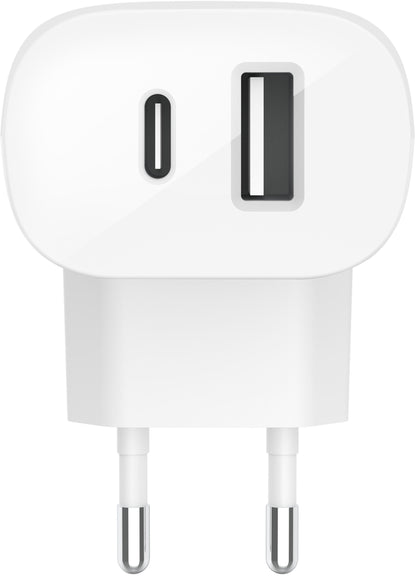 Belkin BoostCharge Dual Wall Charger, 37W, 3A, 1 x USB-A - x USB-C, White WCB007vfWH