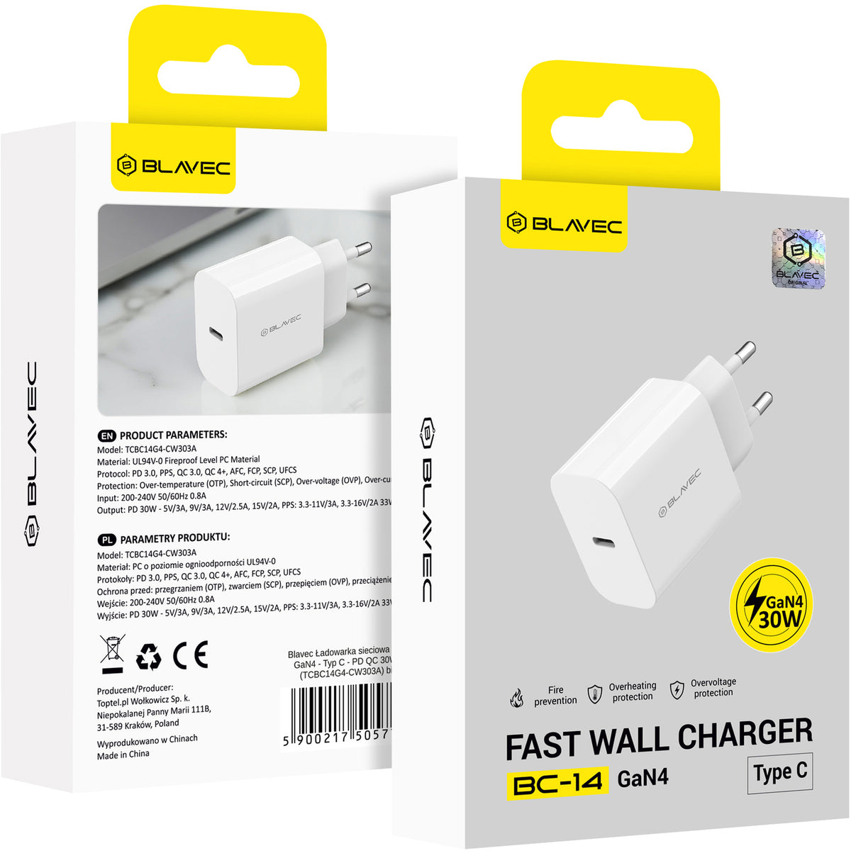 Síťová nabíječka Blavec BC-14, 30 W, 3 A, 1× USB-C, bílá