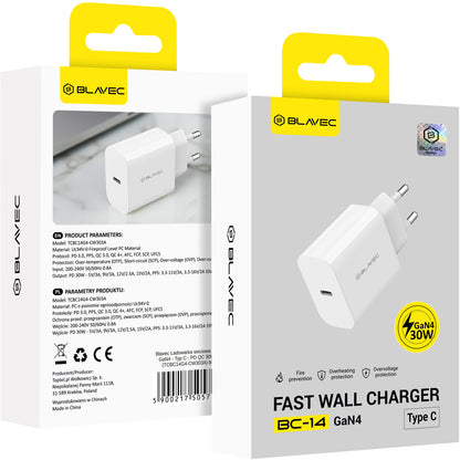 Síťová nabíječka Blavec BC-14, 30 W, 3 A, 1× USB-C, bílá