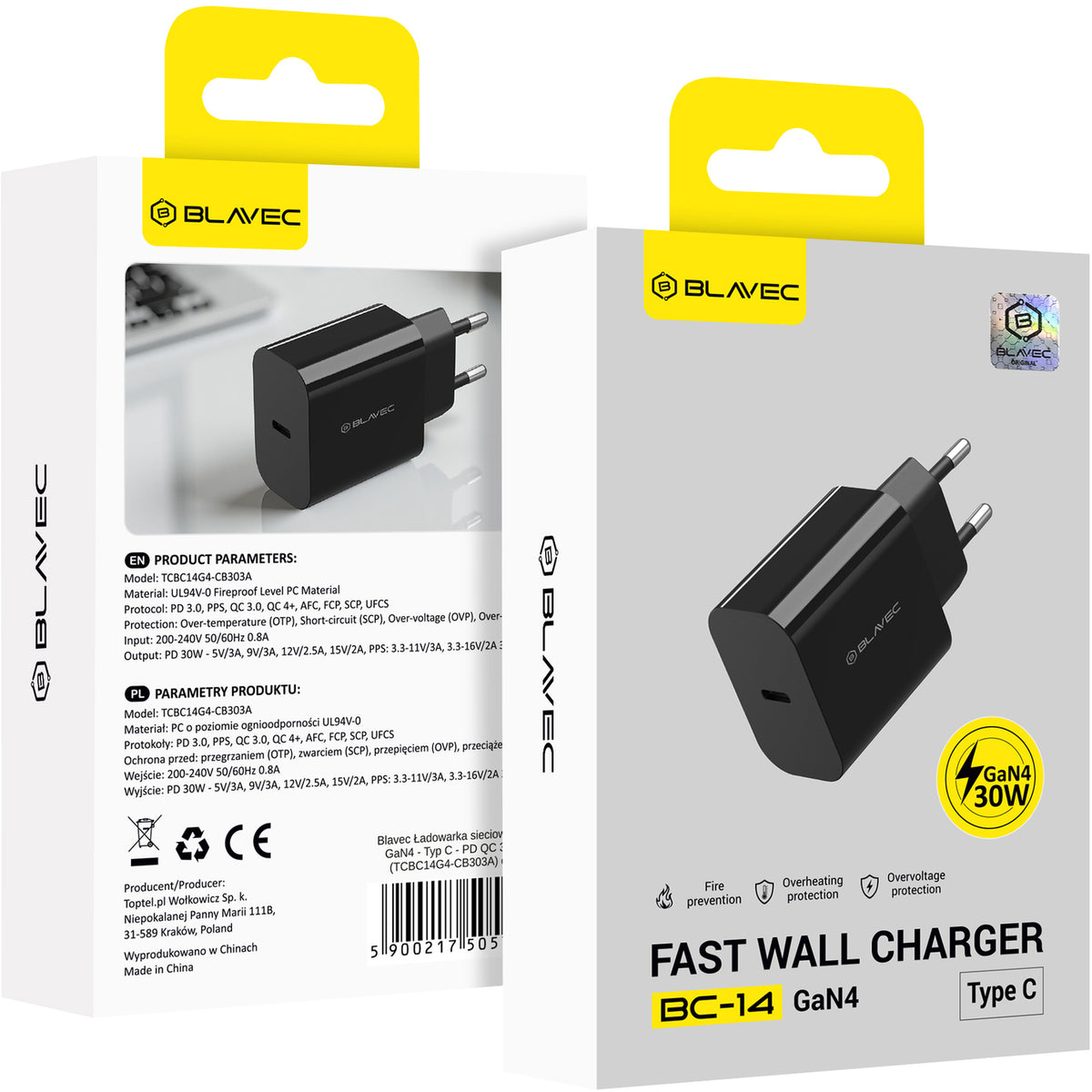 Síťová nabíječka Blavec BC-14, 30 W, 3 A, 1× USB-C, černá
