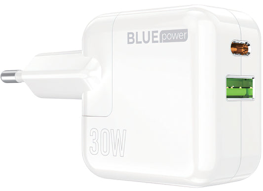 Síťová nabíječka BLUE Power BC111A, 30W, 3A, 1 x USB-A - 1 x USB-C, Bílá