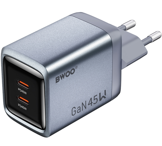 Síťová nabíječka BWOO BO-CDA239, 45W, 3A, 2 x USB-C, Šedá