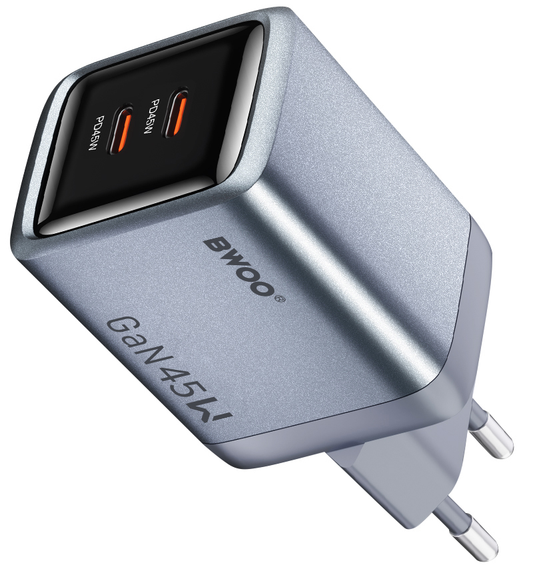 Síťová nabíječka BWOO BO-CDA239, 45W, 3A, 2 x USB-C, Šedá