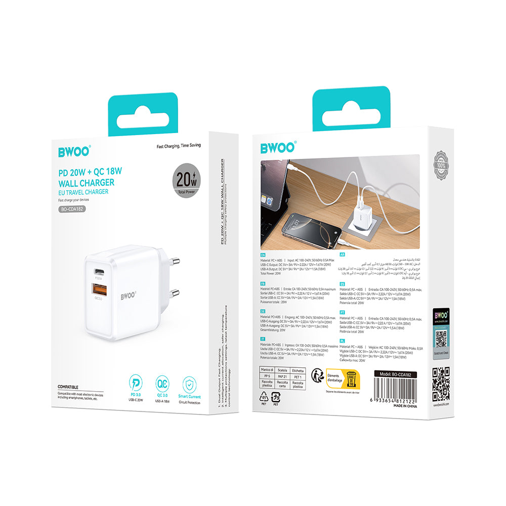 Síťová nabíječka BWOO CDA182, 38W, 3A, 1 x USB-A - 1 x USB-C, Bílá