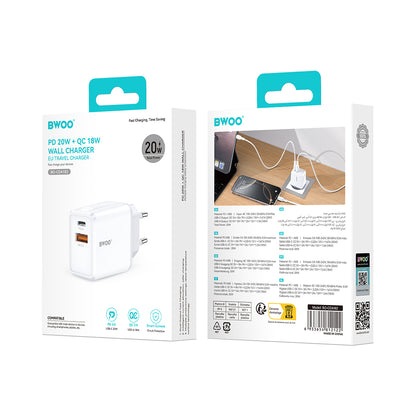 Síťová nabíječka BWOO CDA182, 38W, 3A, 1 x USB-A - 1 x USB-C, Bílá