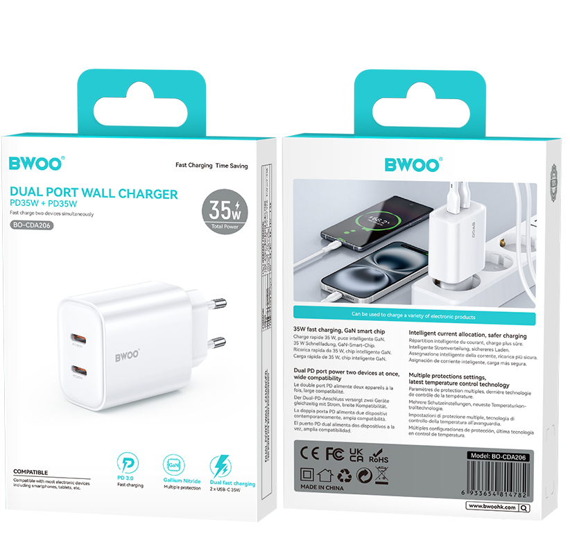 Síťová nabíječka BWOO CDA206, 35W, 3A, 2 x USB-C, bílá