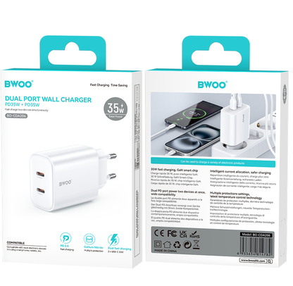 Síťová nabíječka BWOO CDA206, 35W, 3A, 2 x USB-C, bílá