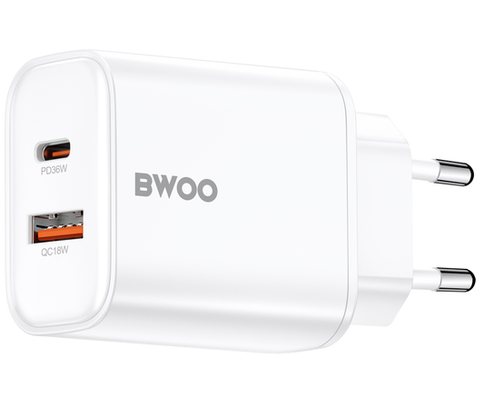 Síťová nabíječka BWOO CDA207, 36W, 3A, 1 x USB-A - 1 x USB-C, Bílá