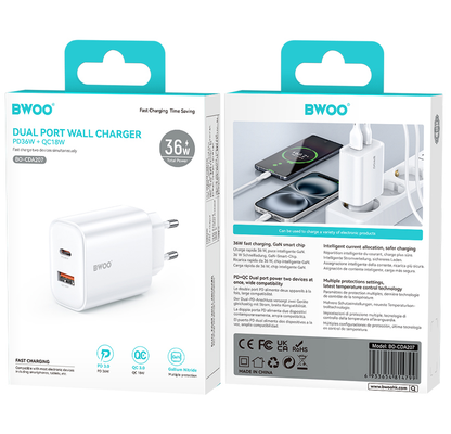BWOO CDA207 Network Charger, 36W, 3A, 1 x USB-A - 1 x USB-C, White