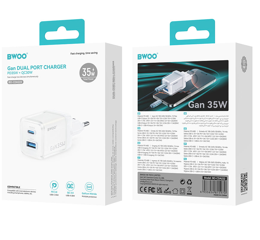 Síťová nabíječka BWOO CDA222, 35W, 3A, 1 x USB-A - 1 x USB-C, Bílá