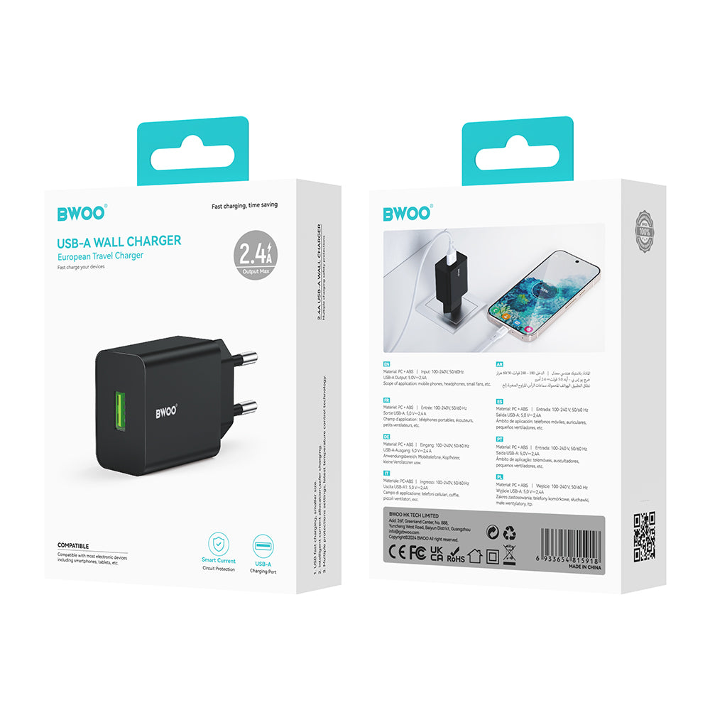 Síťová nabíječka BWOO CDA249, 12W, 2.4A, 1 x USB-A, Černá