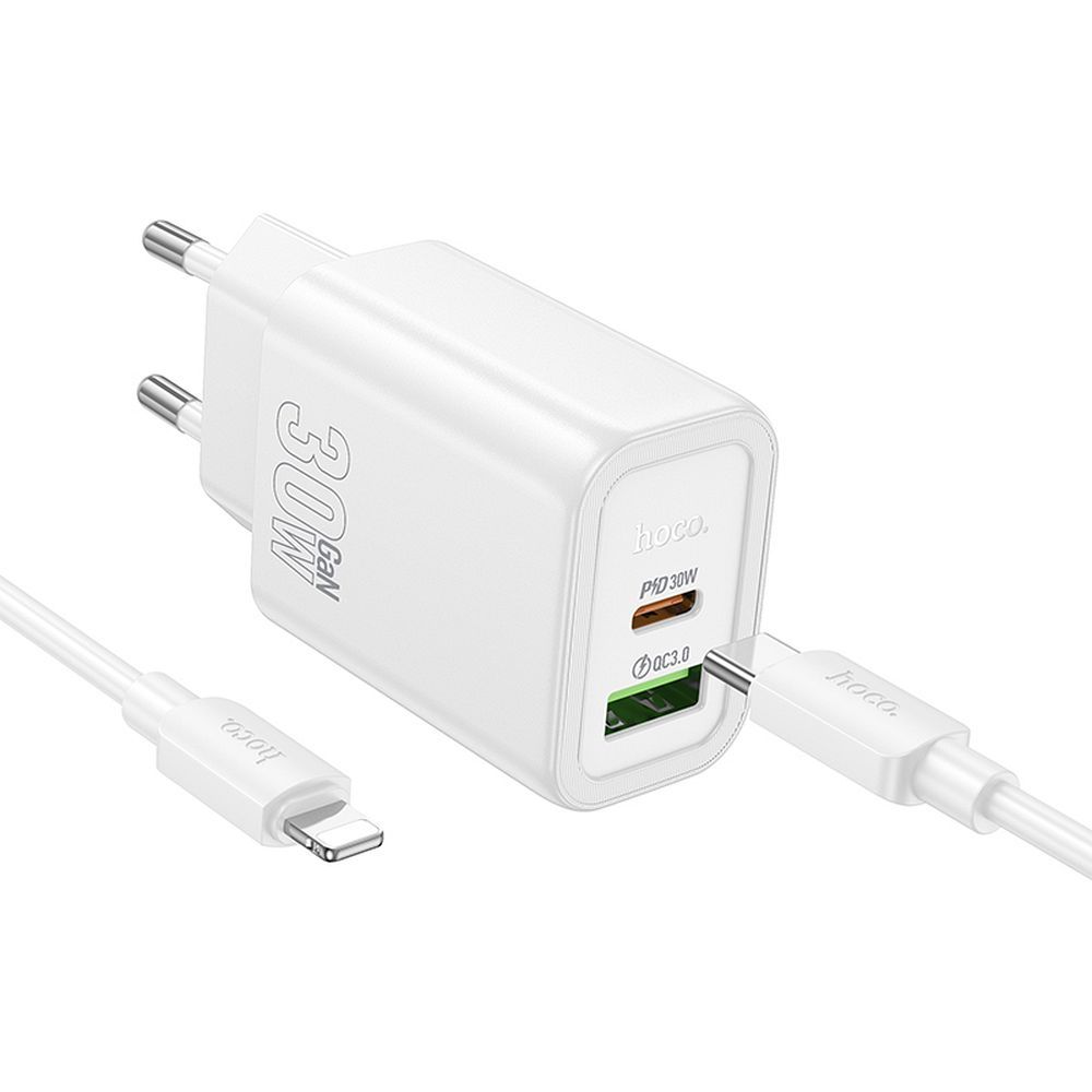 Síťová nabíječka s kabelem Lightning HOCO N63, 30W, 3A, 1 x USB-A - 1 x USB-C, Bílá