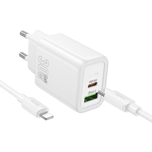 Síťová nabíječka s kabelem Lightning HOCO N63, 30W, 3A, 1 x USB-A - 1 x USB-C, Bílá