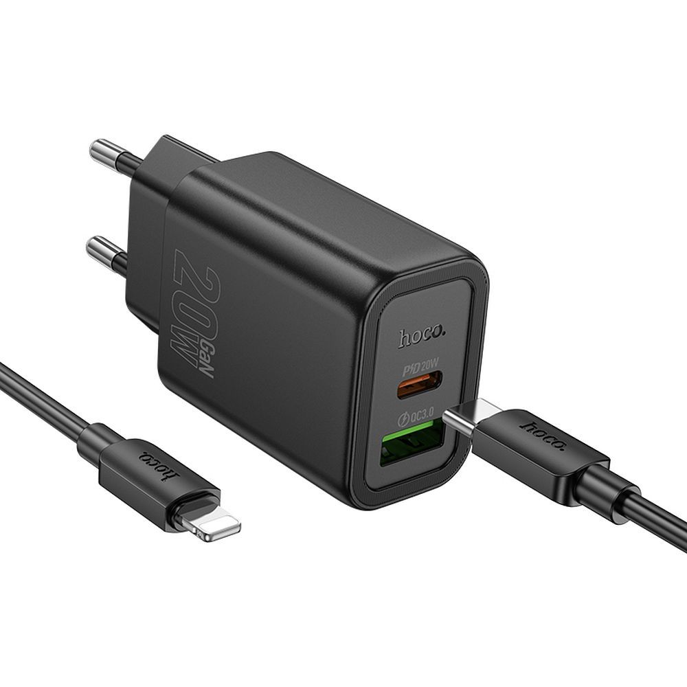 Síťová nabíječka s kabelem USB-C HOCO N61, 20W, 3A, 1 x USB-A - 1 x USB-C, černá