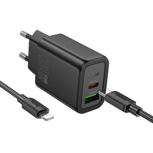 Síťová nabíječka s kabelem USB-C HOCO N61, 20W, 3A, 1 x USB-A - 1 x USB-C, černá