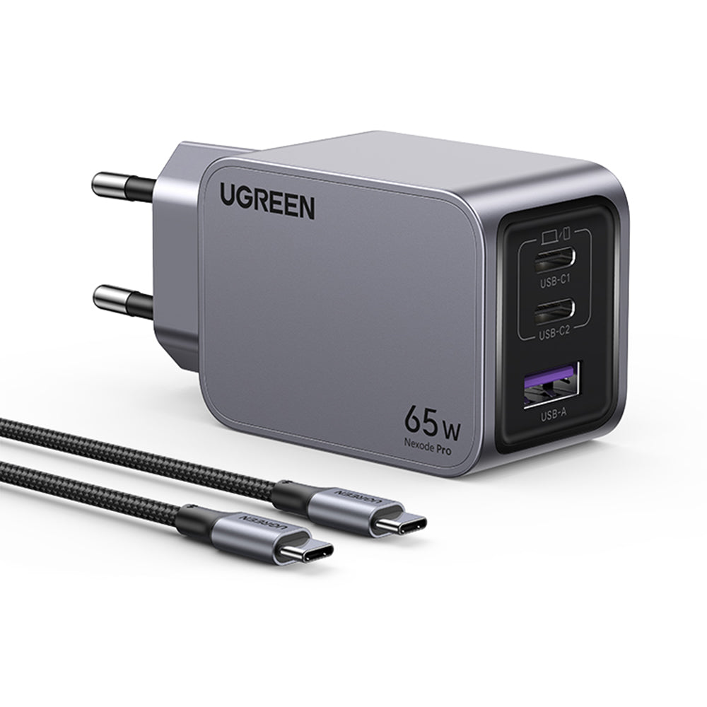 Síťová nabíječka s kabelem USB-C UGREEN X755 Nexode Pro, 65W, 3A, 1 x USB-A - 2 x USB-C, šedá