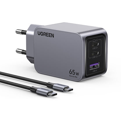 Síťová nabíječka s kabelem USB-C UGREEN X755 Nexode Pro, 65W, 3A, 1 x USB-A - 2 x USB-C, šedá