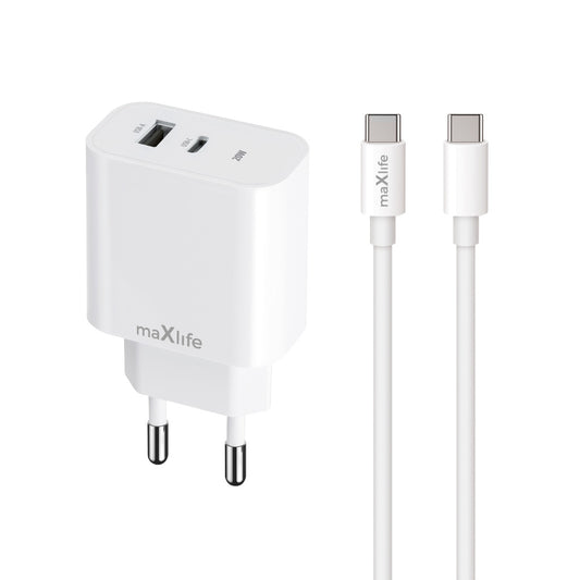 Síťová nabíječka s kabelem USB-C MaXlife MXTC-06-20AC, 20W, 3A, 1 x USB-A - 1 x USB-C, Bílá