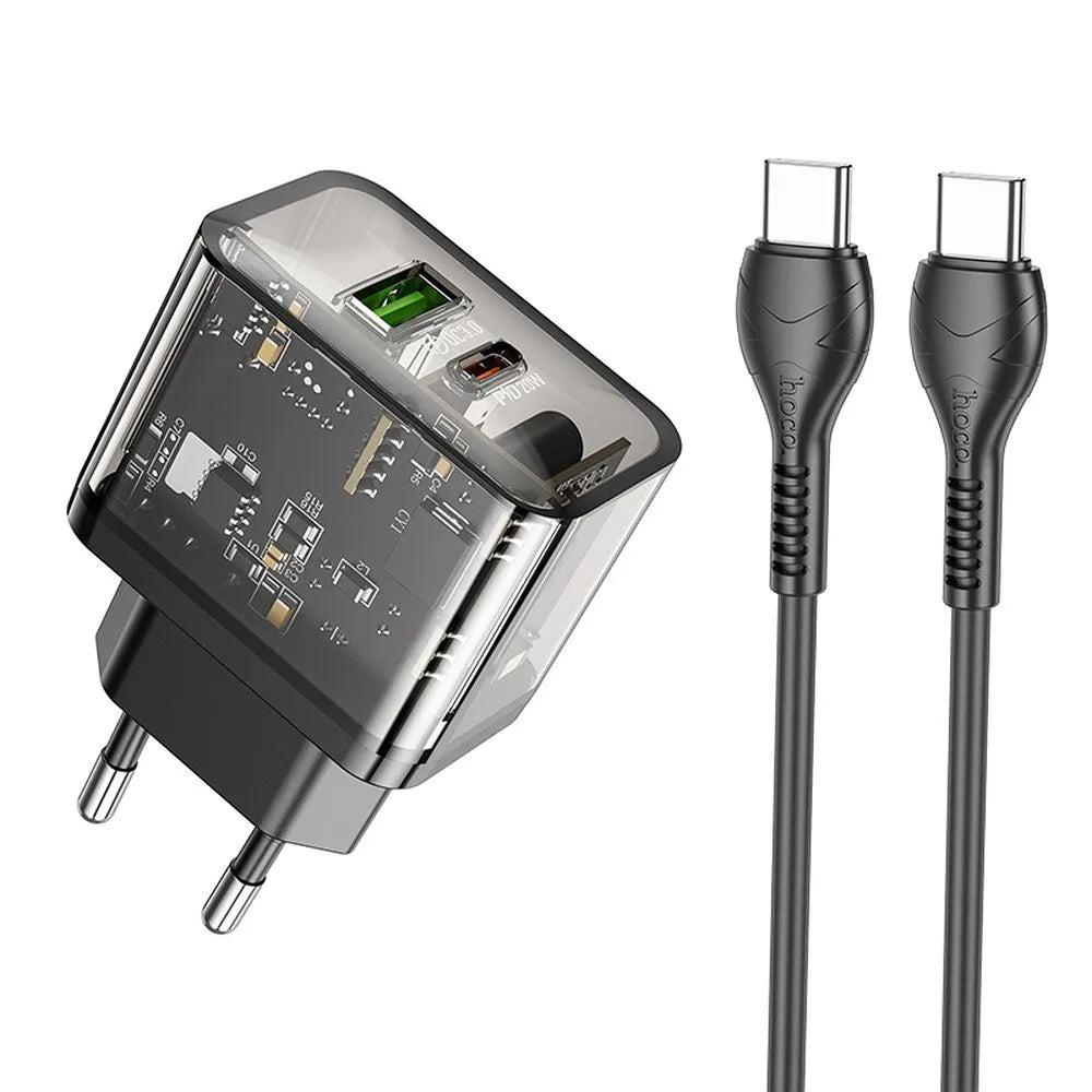Síťová nabíječka s kabelem USB-C HOCO N34, 20W, 3A, 1 x USB-A - 1 x USB-C, Transparentní