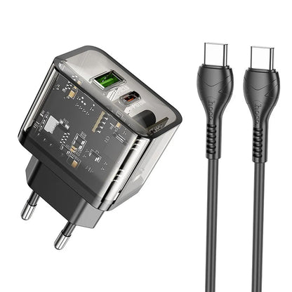 Síťová nabíječka s kabelem USB-C HOCO N34, 20W, 3A, 1 x USB-A - 1 x USB-C, Transparentní