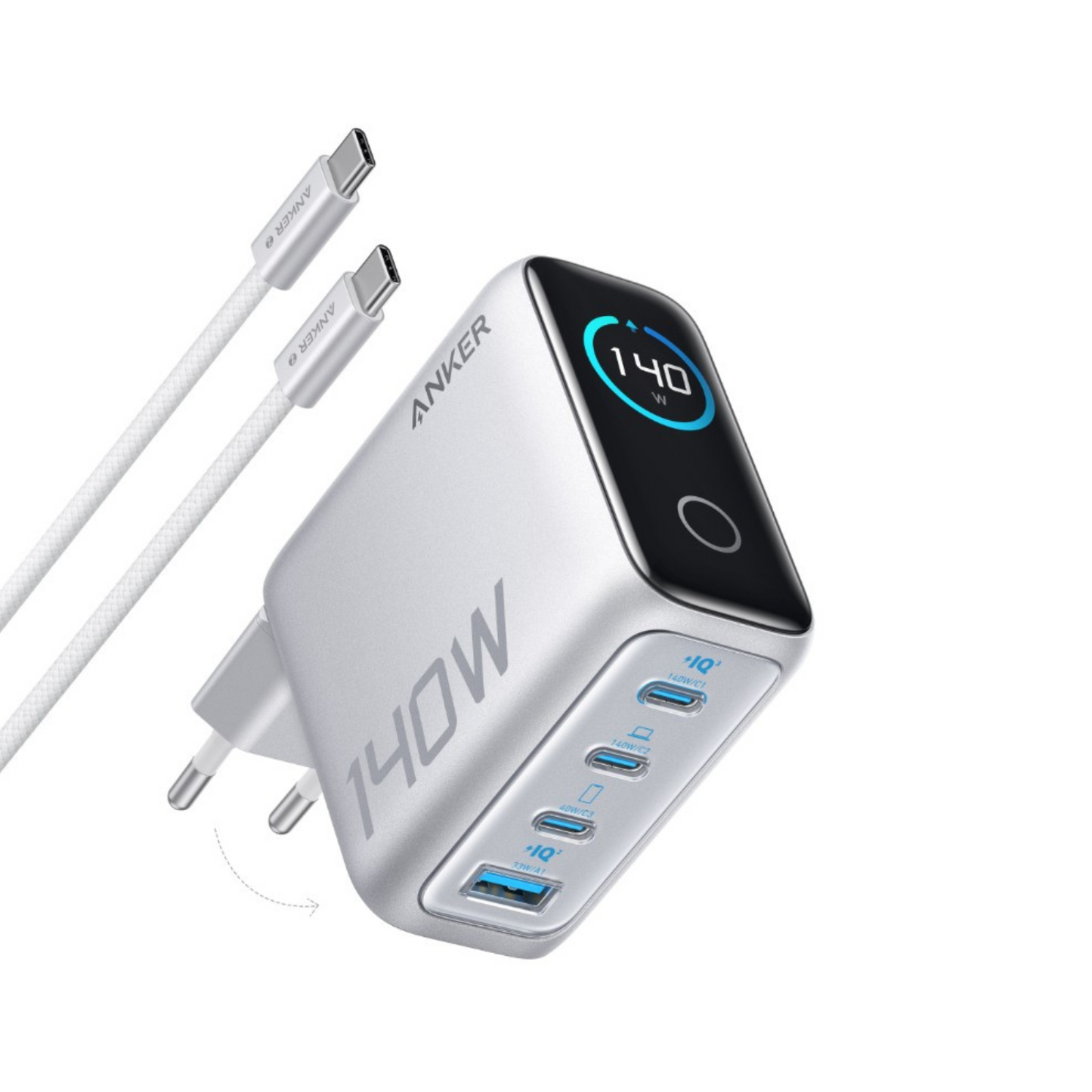 Síťová nabíječka s kabelem USB-C Anker Zolo, 140W, 5A, 1 x USB-A - 3 x USB-C, Stříbrná B2697G41