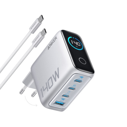 Síťová nabíječka s kabelem USB-C Anker Zolo, 140W, 5A, 1 x USB-A - 3 x USB-C, Stříbrná B2697G41