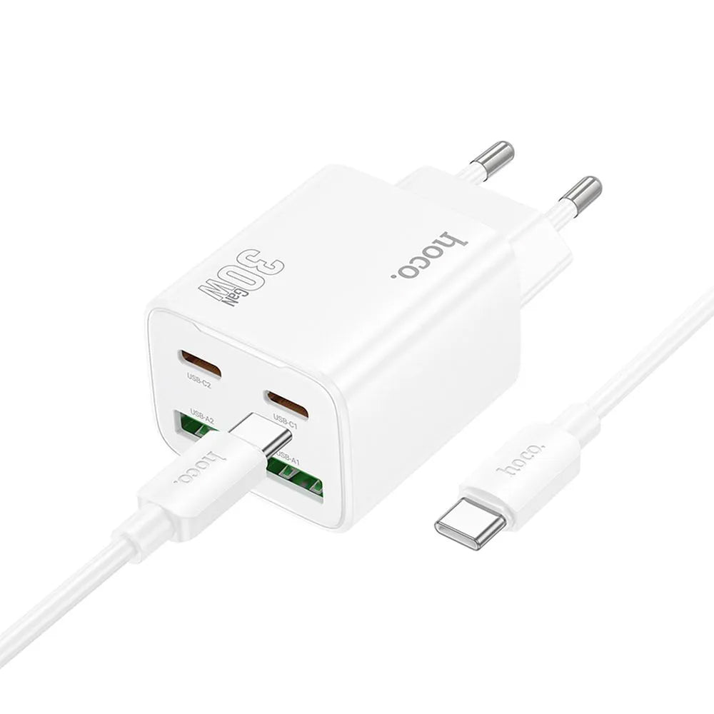 Network Charger with USB-C Cable HOCO N56, 30W, 3A, 2 x USB-A - 2 x USB-C, White