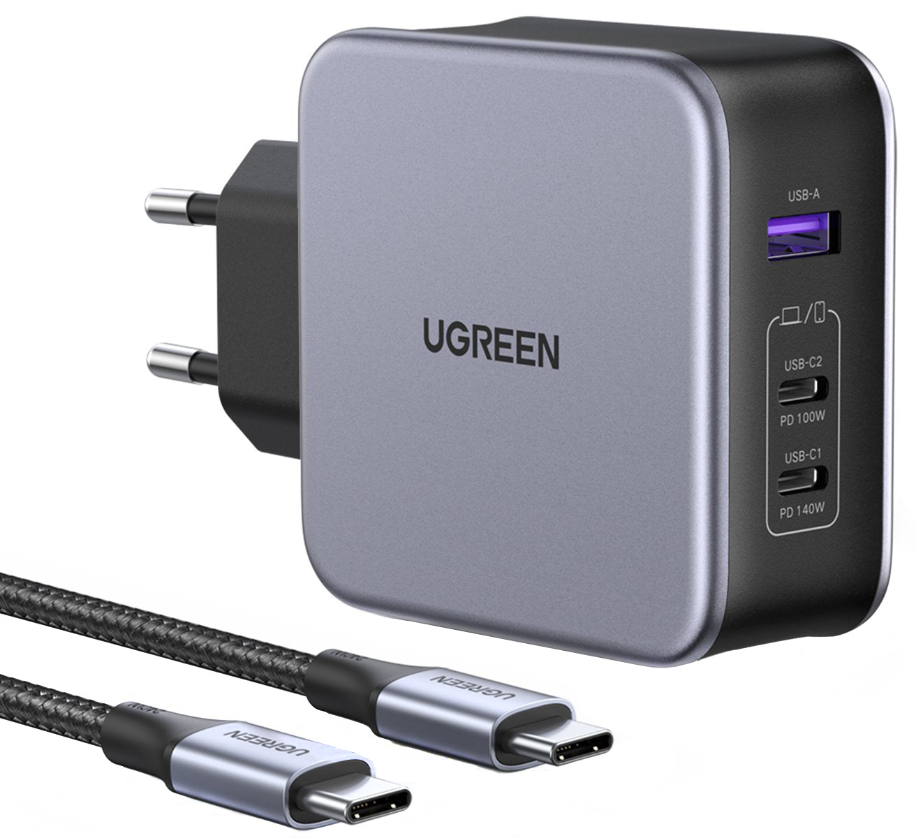 Síťová nabíječka s kabelem USB-C UGREEN CD289, 140W, 5A, 1 x USB-A - 2 x USB-C, šedá
