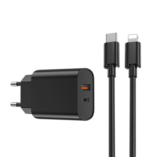 Síťová nabíječka s kabelem Lightning WiWu Wi-U002, 20W, 3A, 1 x USB-A - 1 x USB-C, černá