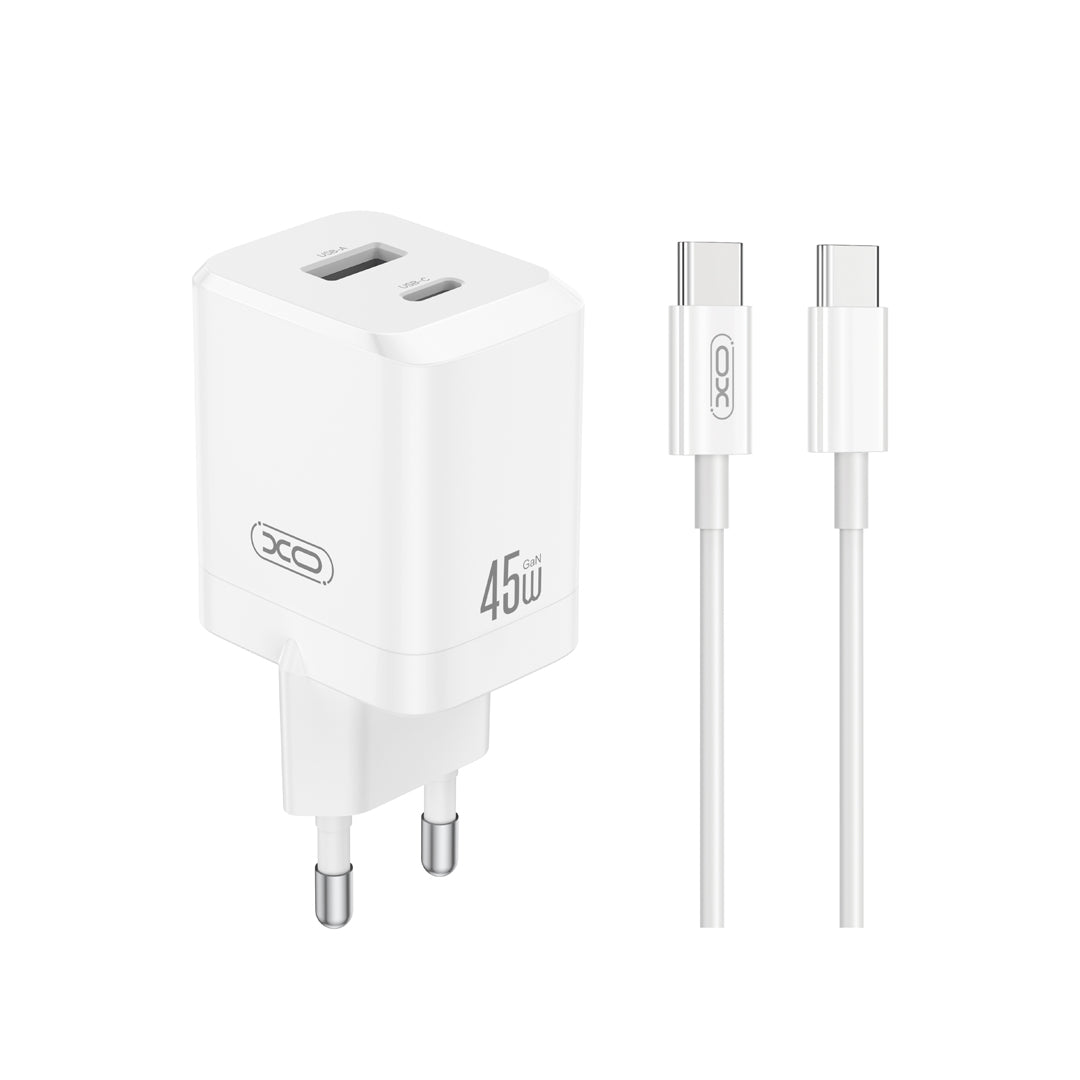 Síťová nabíječka s kabelem USB-C XO Design CE36, 45W, 3A, 1 x USB-A - 1 x USB-C, Bílá