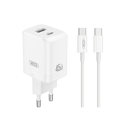 Síťová nabíječka s kabelem USB-C XO Design CE36, 45W, 3A, 1 x USB-A - 1 x USB-C, Bílá