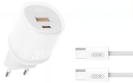 Síťová nabíječka s kabelem USB-C XO Design L151, 30W, 3A, 1 x USB-A - 1 x USB-C, Bílá