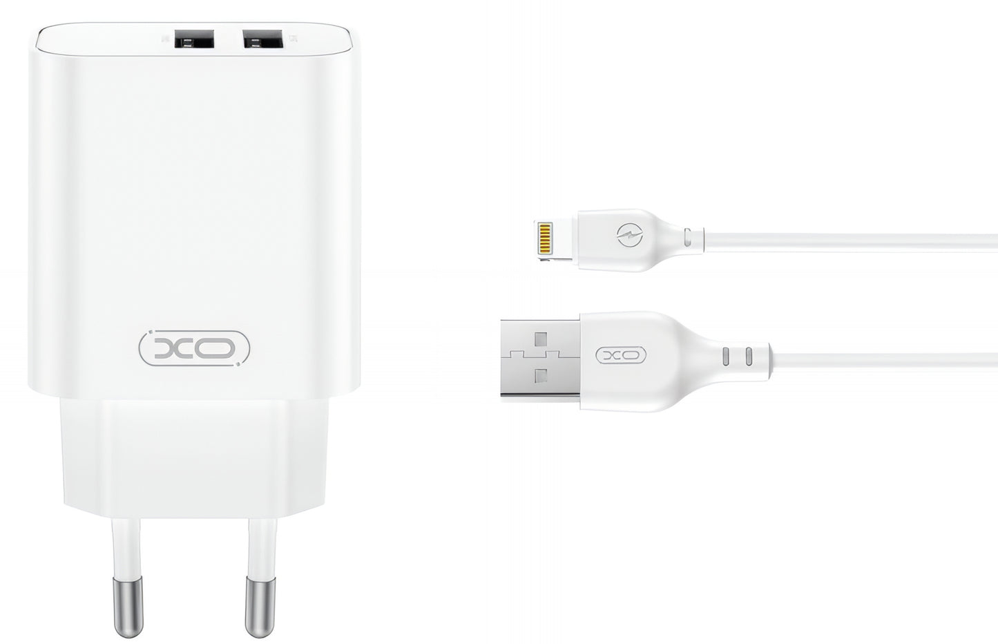 Síťová nabíječka s kabelem Lightning XO Design CE34, 12W, 2.4A, 2 x USB-A, Bílá