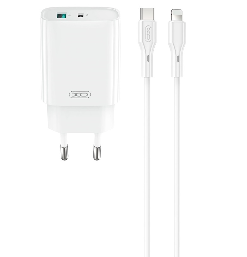 Síťová nabíječka s kabelem Lightning XO Design CE30, 30W, 3A, 1 x USB-A - 1 x USB-C, Bílá