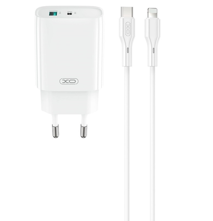 Síťová nabíječka s kabelem Lightning XO Design CE30, 30W, 3A, 1 x USB-A - 1 x USB-C, Bílá