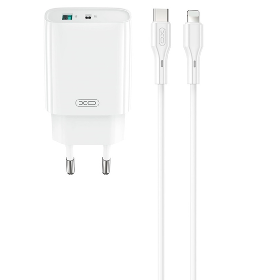 Síťová nabíječka s kabelem Lightning XO Design CE30, 30W, 3A, 1 x USB-A - 1 x USB-C, Bílá